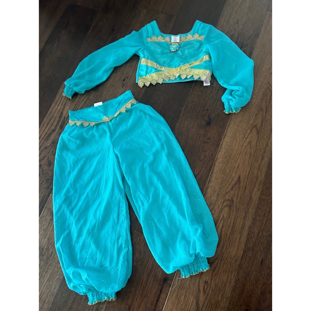 Disney Princess Jasmine Costume Kids 7/8 Turquoise Gold Glitter 2 Piece Set